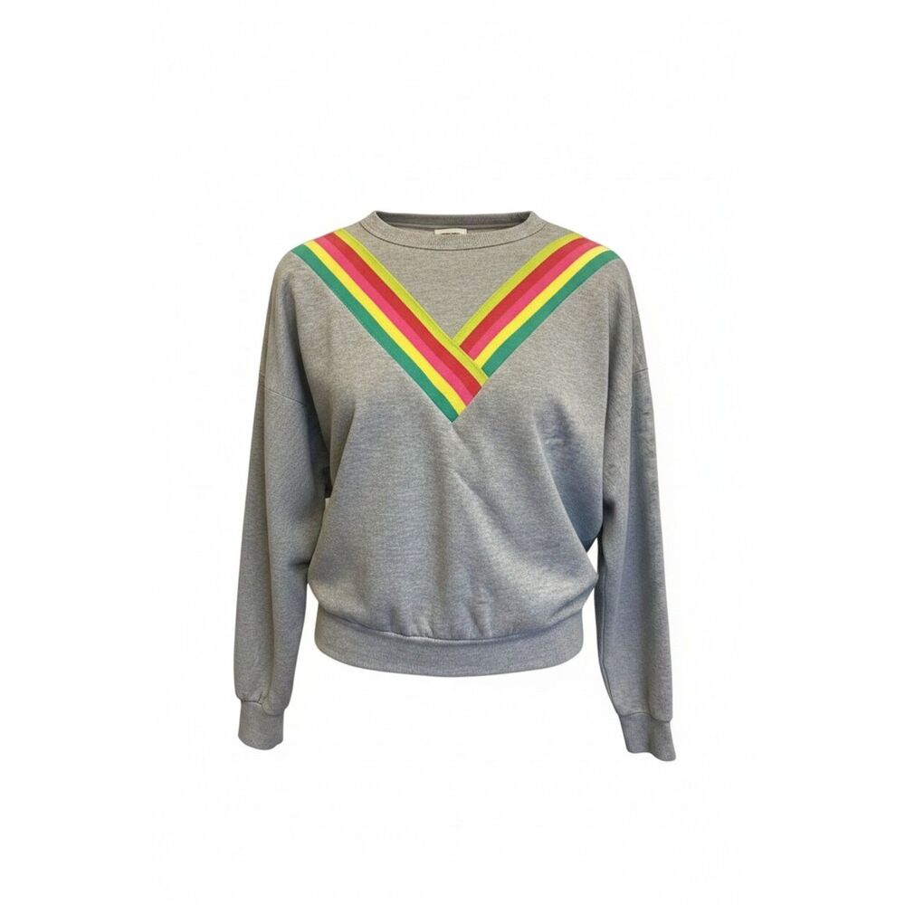 NWT Poof! Gray Rainbow Stripe Crewneck Retro Sweatshirt sz S